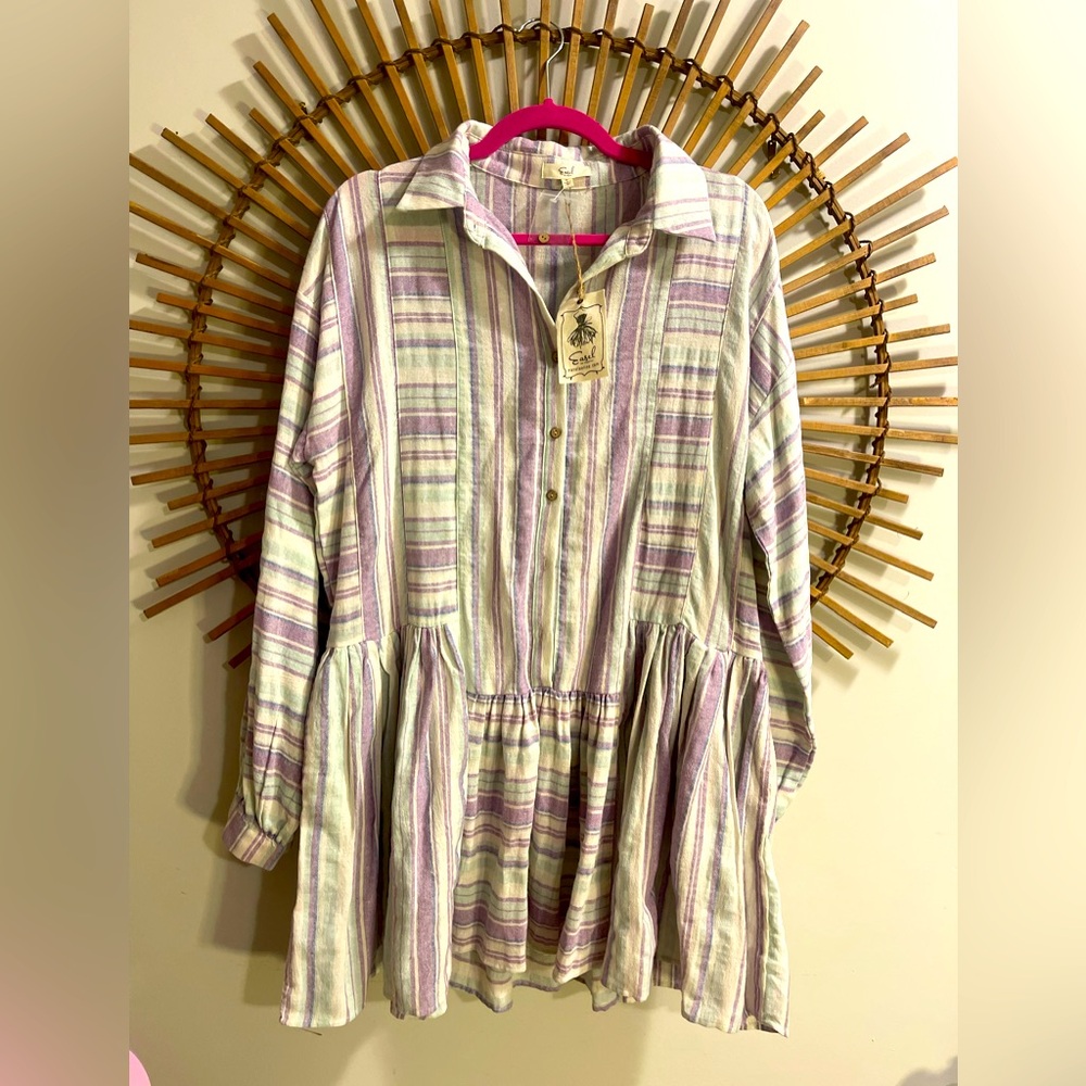 Easel Long Sleeve Linen Blend Purple White Button Up Tunic Dress Boho Beach - Picture 2 of 16